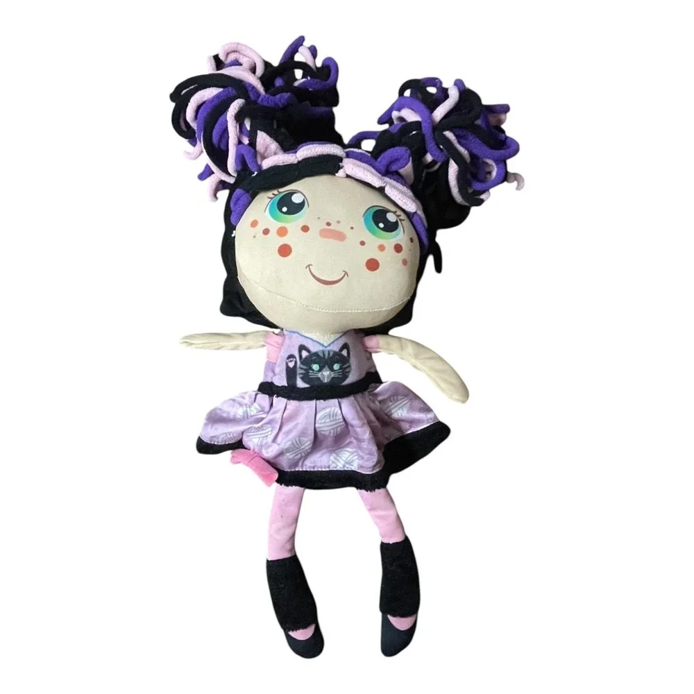 Cute Cloth Doll with Purple Yarn Hair Black Cat Dress & Freckles 17